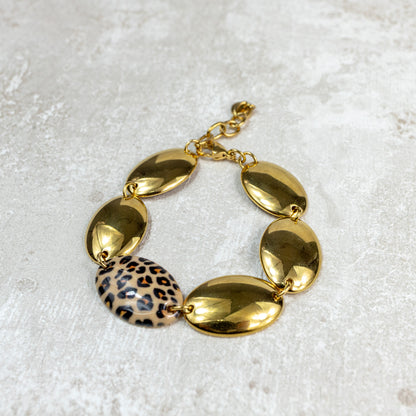 PULSERA DE ÓVALOS DORADOS CON ANIMAL PRINT